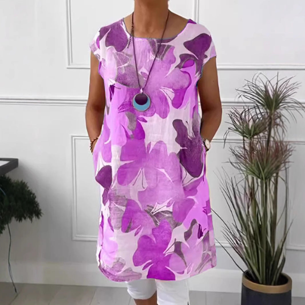Damen nan luftiges Tunika-Midikleid aus Leinenmix mit Aquarellblütenprint und Seitentaschen Drune