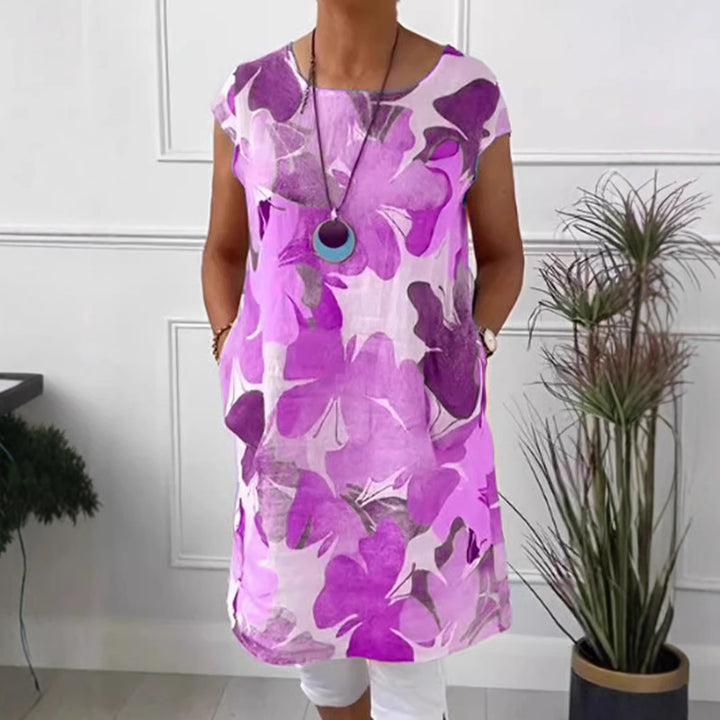 Damen nan luftiges Tunika-Midikleid aus Leinenmix mit Aquarellblütenprint und Seitentaschen Drune