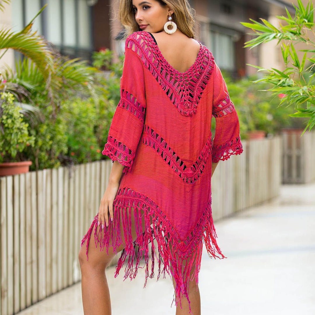 Damen gehäkeltes Strandkleid mit fransigen Details und tiefem V-Ausschnitt Drune