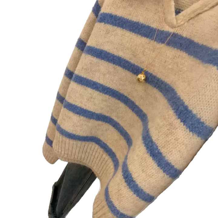Damen nan kuscheliger Oversize-Strickpullover mit Polokragen und breiten Streifen Drune