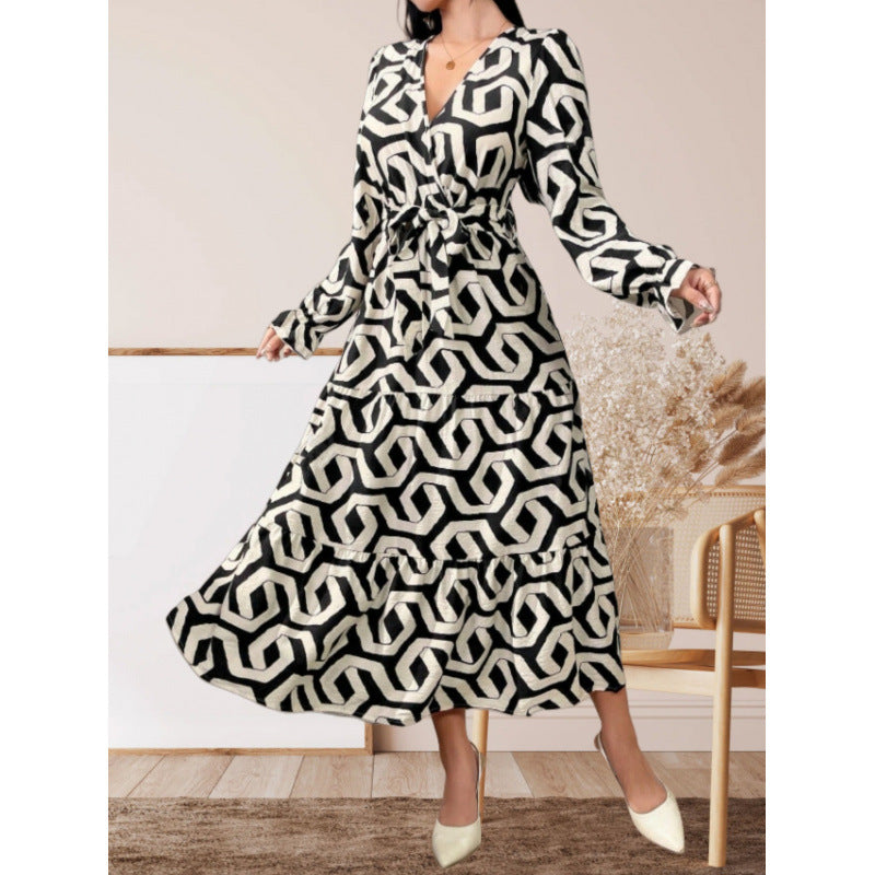 Damen Maxi-Kleid mit modernem geometrischen Druck und taillierbarem Design Drune