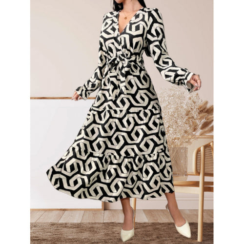 Damen Maxi-Kleid mit modernem geometrischen Druck und taillierbarem Design Drune