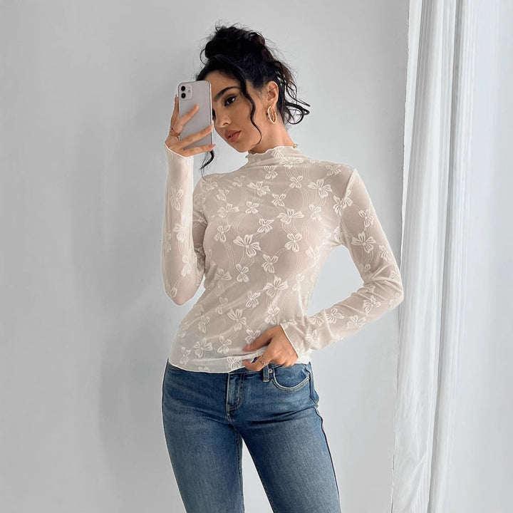 Damen nan figurbetontes durchsichtiges Langarmtop aus Netzstoff mit floraler Stickerei und Stehkragen Drune