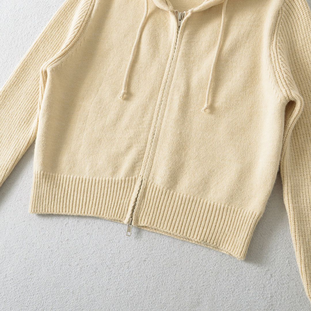 Damen Kurze Kapuzen-Strickjacke mit Reißverschluss und tailliertem Rippenbund Drune