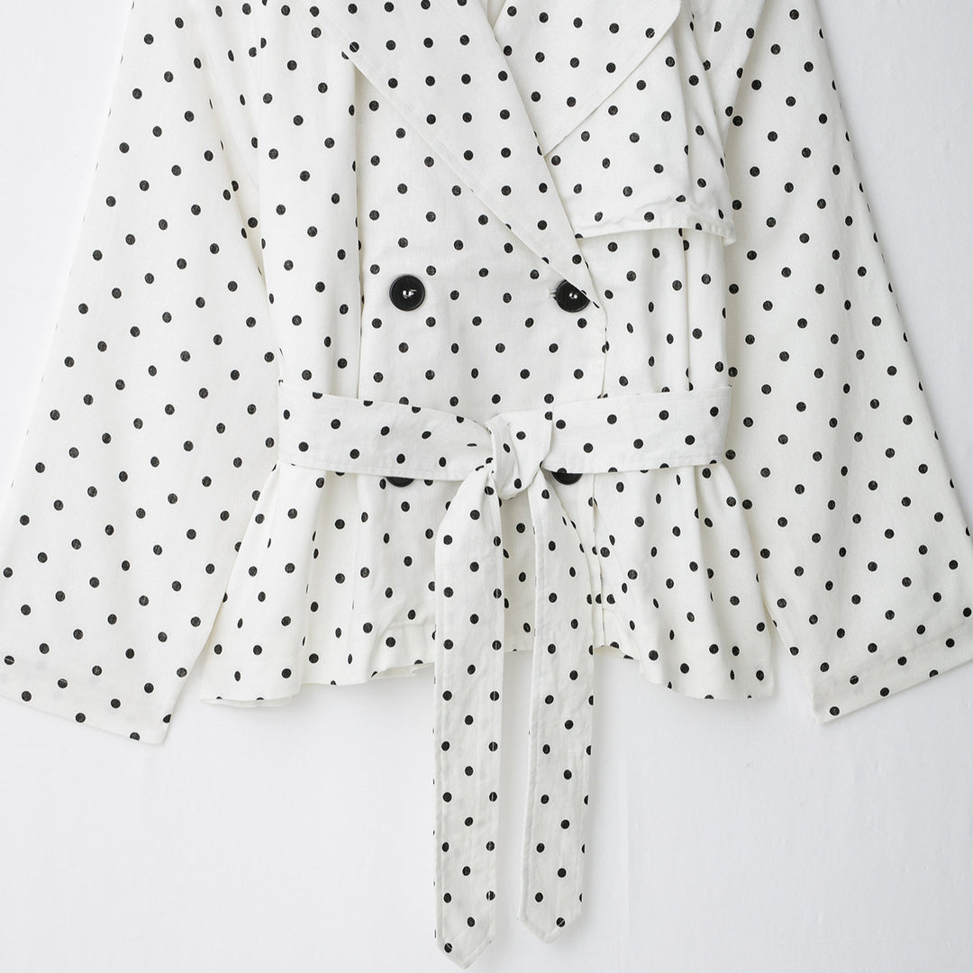 Damen Gepunkteter Cropped Trenchcoat mit Taillengürtel und doppelreihiger Knopfleiste Drune