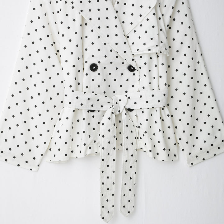 Damen Gepunkteter Cropped Trenchcoat mit Taillengürtel und doppelreihiger Knopfleiste Drune