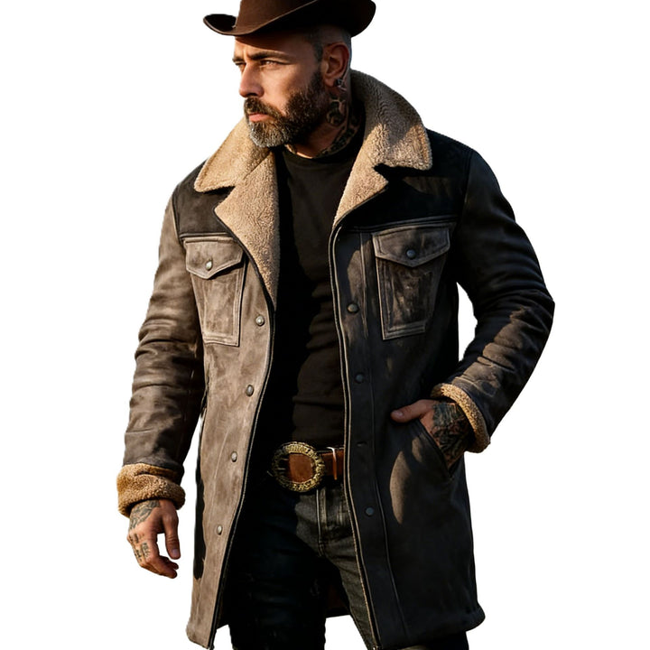 Herren Langer Veloursledermantel mit Teddyfutter und Pattentaschen Drune