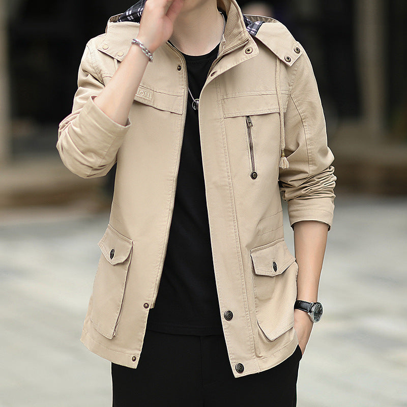 Herren Leichte Fieldjacke mit Kapuze, Multifunktionstaschen und verdecktem Reißverschluss Drune