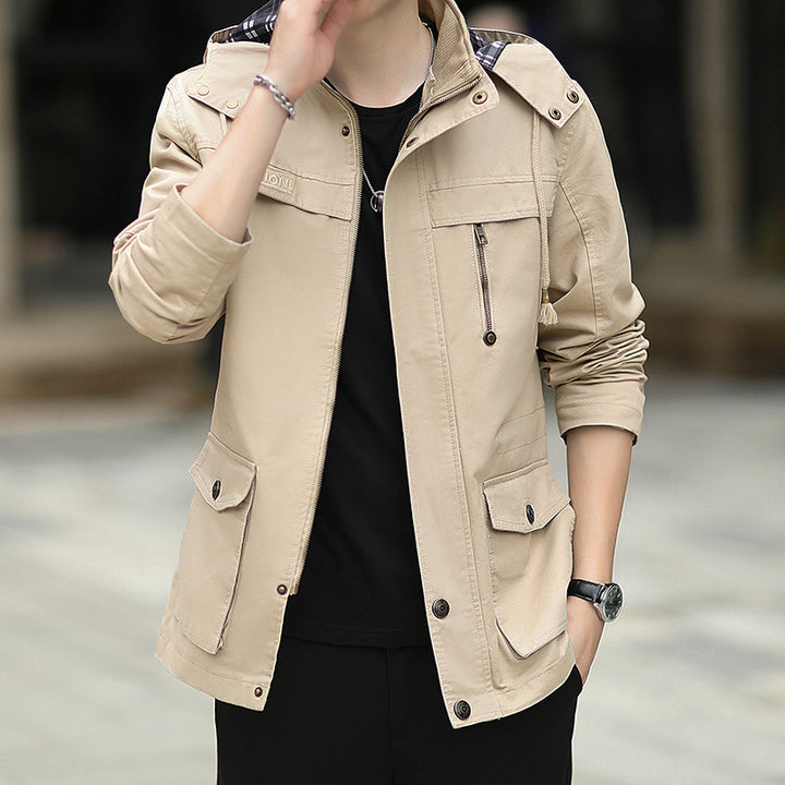 Herren Leichte Fieldjacke mit Kapuze, Multifunktionstaschen und verdecktem Reißverschluss Drune