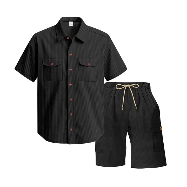 Herren nan strukturiertes Kurzarmhemd und Bermuda-Set mit Pattentaschen und elastischem Bund Drune