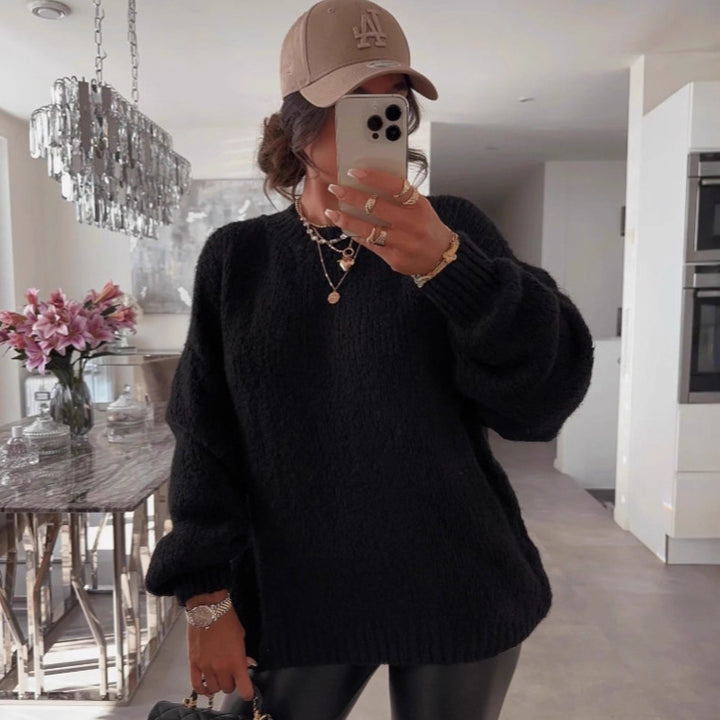 Damen Strickpullover mit voluminösen Ärmeln und feiner Struktur Drune