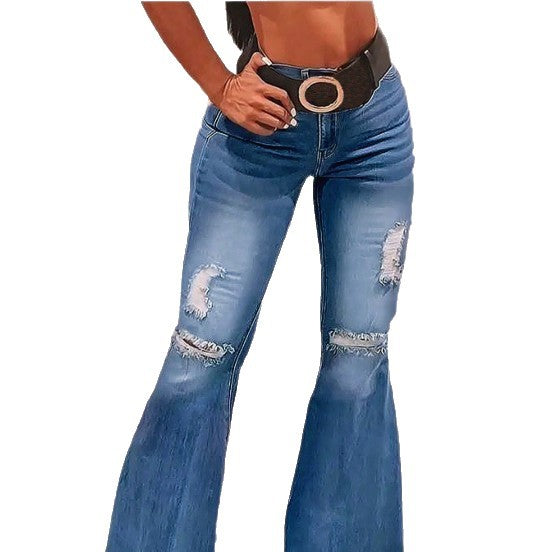 Damen hochgeschnittene Schlaghose aus Stretch-Denim mit ausgestelltem Bein, Knie-Rips und ausgefranstem Saum Drune