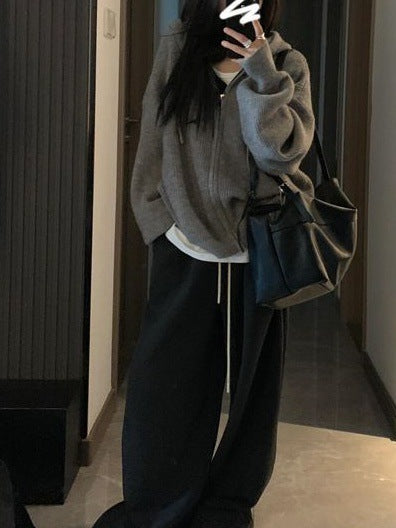 Damen Gemütlicher Strickhoodie mit großzügiger Kapuze und Reißverschluss Drune