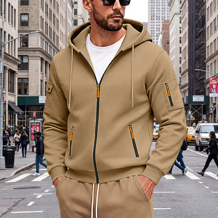 Herren Kapuzen-Sweatjacke mit durchgehendem Reißverschluss und mehreren Sicherheits-Taschen Drune