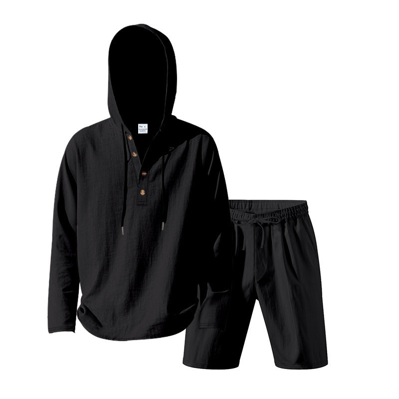 Herren nan Kapuzen-Henley-Loungewear-Set mit Leinenoptik, Kordelzug und elastischer Tunnelzugshorts Drune