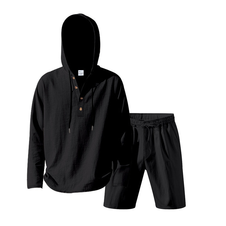 Herren nan Kapuzen-Henley-Loungewear-Set mit Leinenoptik, Kordelzug und elastischer Tunnelzugshorts Drune