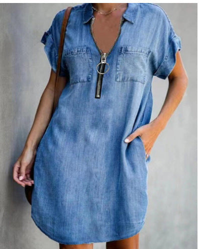 Damen Freizeit Denim-Kleid mit praktischen Taschen und Reißverschluss Drune