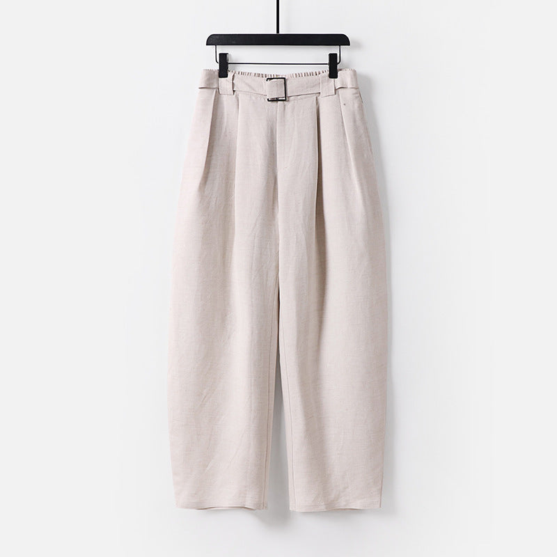 Damen Hochgeschnittene weite Leinenmix-Hose mit Bundfalten und Stoffgürtel Drune