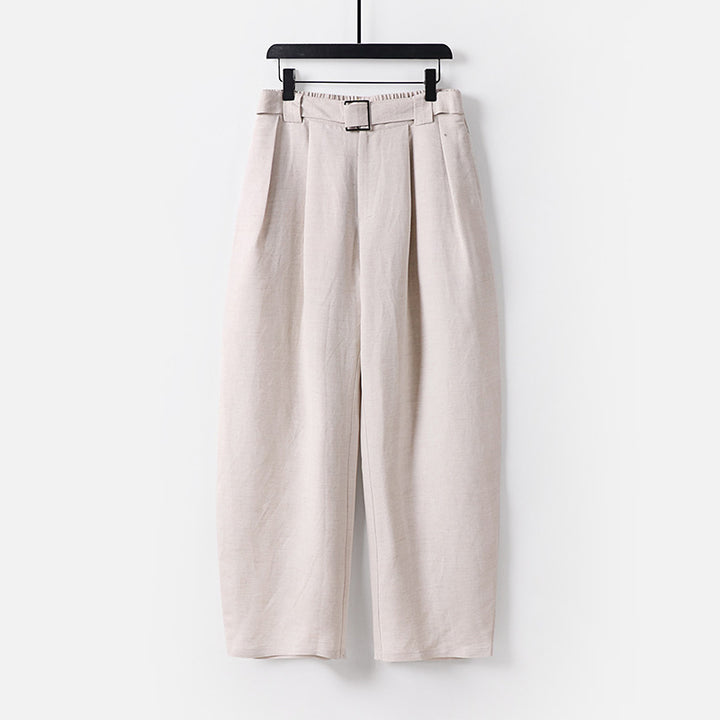 Damen Hochgeschnittene weite Leinenmix-Hose mit Bundfalten und Stoffgürtel Drune