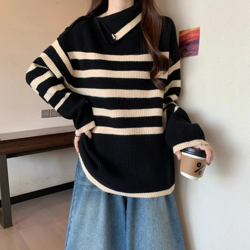 Damen Modischer Strickpullover mit asymmetrischem Kragen und Streifenmuster Drune