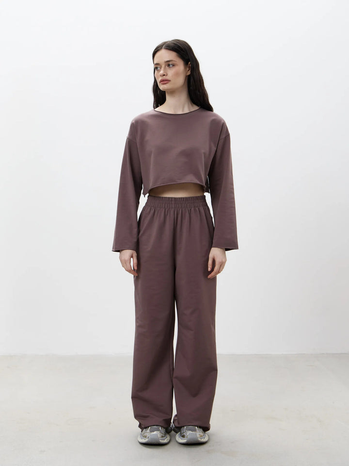 Damen Kurzgeschnittenes Sweatshirt und High-Waist Relax-Jogginghose Set Drune