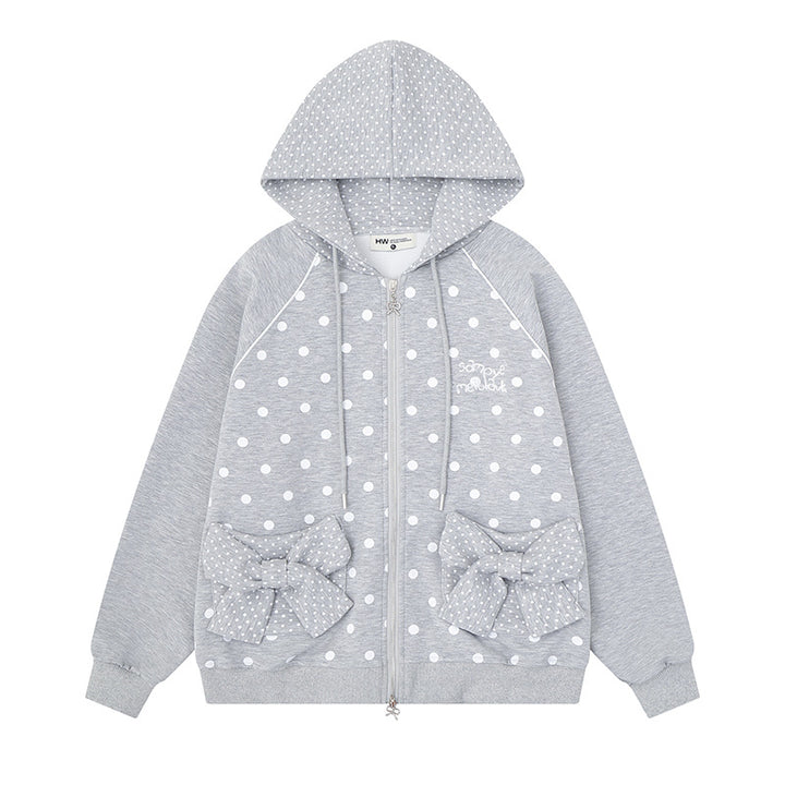 Damen Gepunktete Zip-Kapuzenjacke mit Schleifen-Taschen und Raglanärmeln Drune