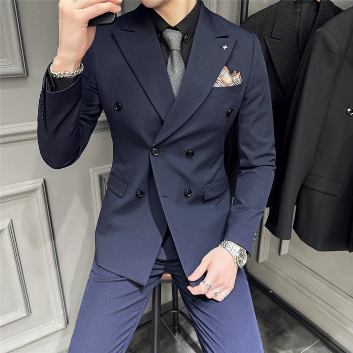 Herren Doppelreihiger Slim‑Fit Business‑Anzug mit tailliertem Sakko und schmaler Anzughose Drune