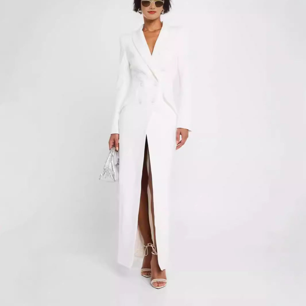 Damen Blazerkleid Maxikleid mit Doppelreiher, taillierter Silhouette und hohem Frontschlitz Drune