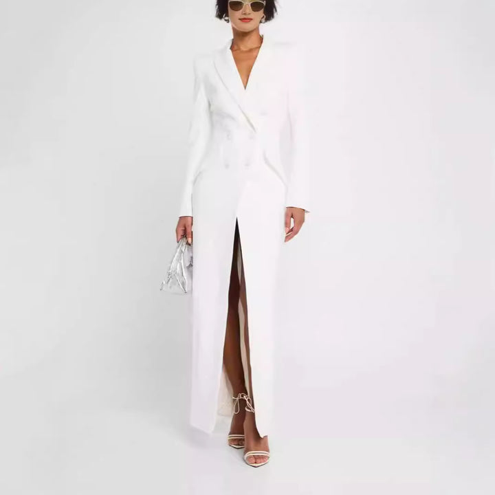 Damen Blazerkleid Maxikleid mit Doppelreiher, taillierter Silhouette und hohem Frontschlitz Drune
