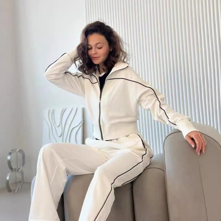 Damen nan zweiteiliges Sport-Loungewear-Set mit Stehkragen und Kontrastpaspel Drune