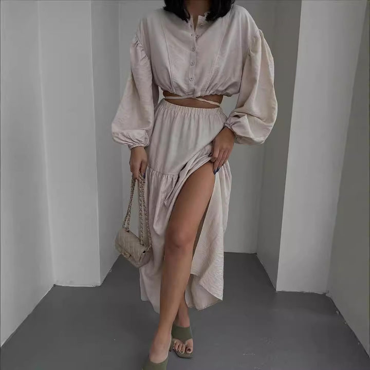 Damen Zweiteiliges Boho-Set mit Cropped-Bluse und Maxirock mit Schlitz Drune