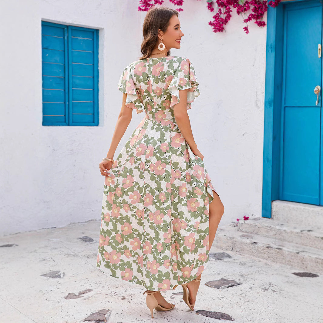 Damen Maxikleid mit femininem V-Ausschnitt und Rüschendetails Drune