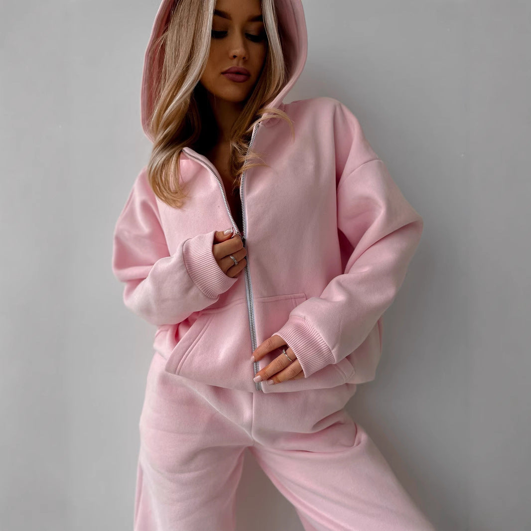 Damen Baumwoll-Fleece Lounge-Set mit Oversize-Zip-Hoodie und Palazzo-Sweatpants Drune
