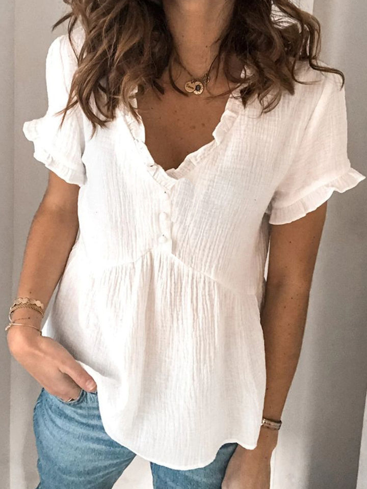 Damen V-Ausschnitt Bluse mit Rüschendetails und Knopfverschluss Drune
