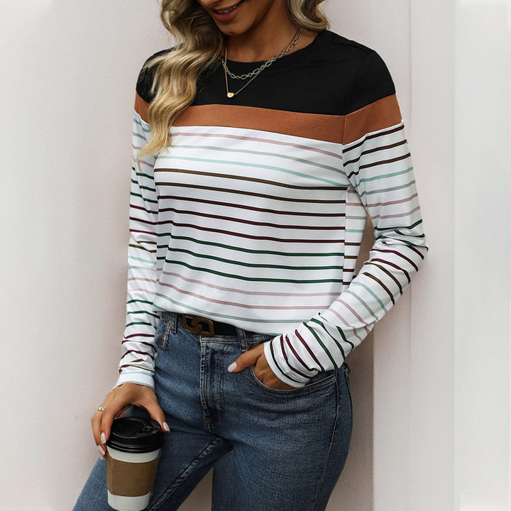 Damen Langärmliges gestreiftes Shirt mit Colorblock‑Schulter und Rundhalsausschnitt Drune