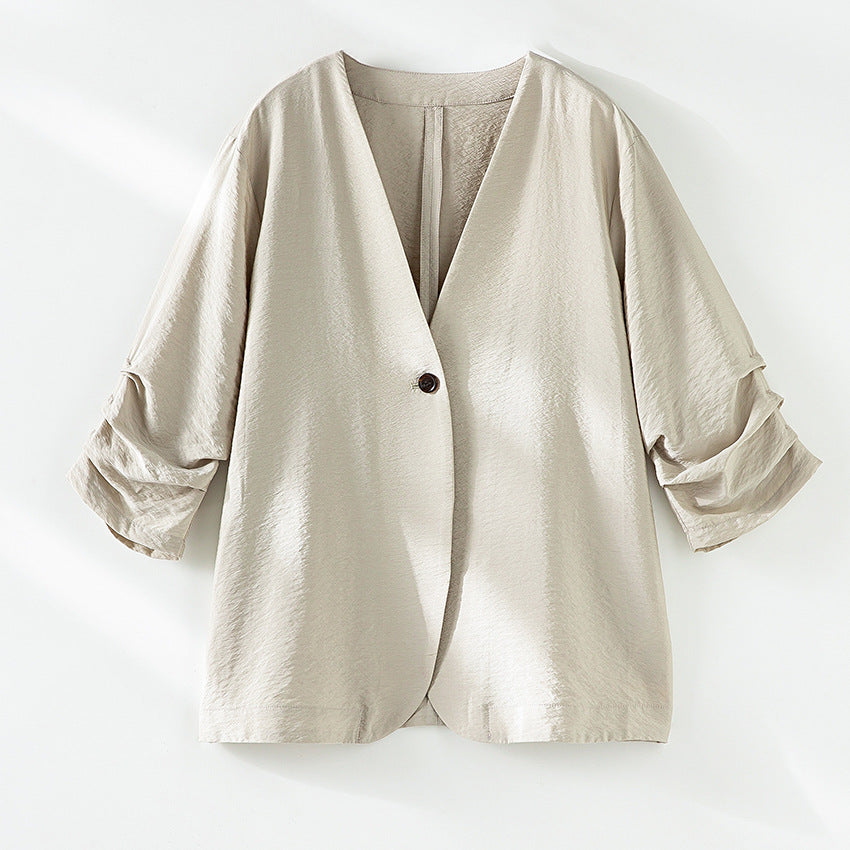 Damen Leichter Oversize-Blazer mit V-Ausschnitt, Ein-Knopf-Verschluss und gerafften Dreiviertelärmeln Drune