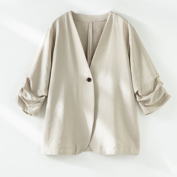 Damen Leichter Oversize-Blazer mit V-Ausschnitt, Ein-Knopf-Verschluss und gerafften Dreiviertelärmeln Drune