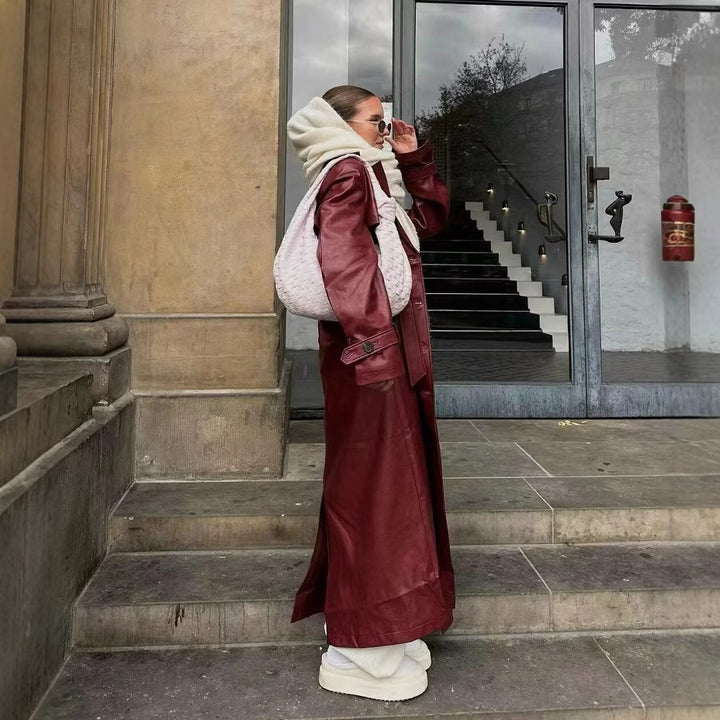 Damen 100+ langer oversize Kunstleder‑Trenchcoat mit Taillengürtel und weitem Revers Drune