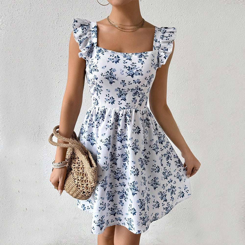 Damen Sommerliches Blumenkleid mit Rüschendetails und quadratischem Ausschnitt Drune