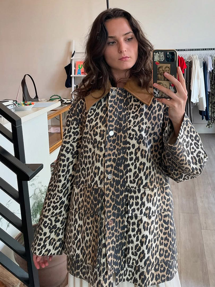Damen Oversize-Fieldjacke mit Leoprint und kontrastierendem Cordkragen Drune