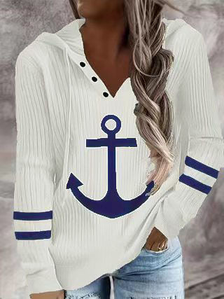 Damen Maritimes Kapuzen-Tunika-Shirt mit großem Ankerprint und Crinkle-Struktur Drune