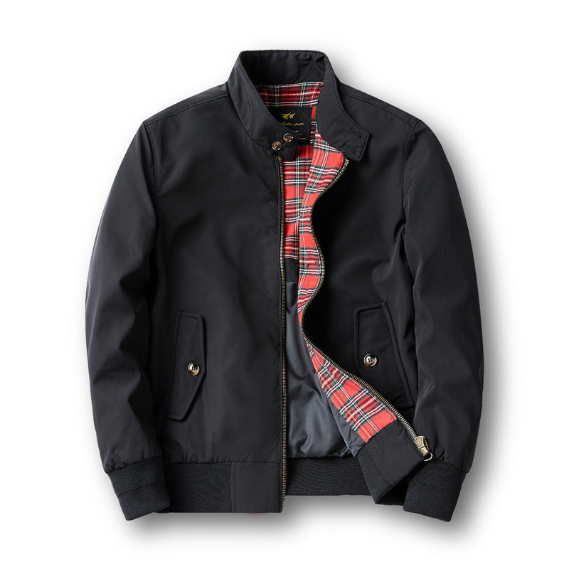 Herren Kurz geschnittene Harrington-Jacke mit Stehkragen, elastischen Bündchen und kariertem Innenfutter Drune
