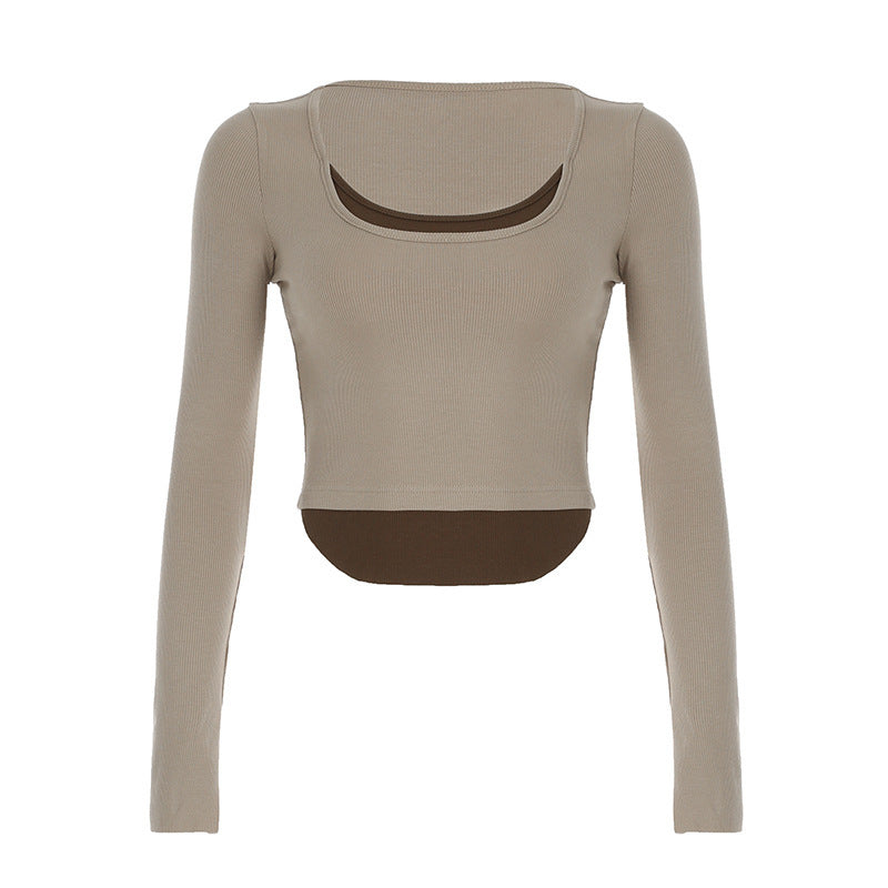 Damen Langarm Crop-Top mit doppeltem U-Boot-Ausschnitt und raffiniertem Design Drune