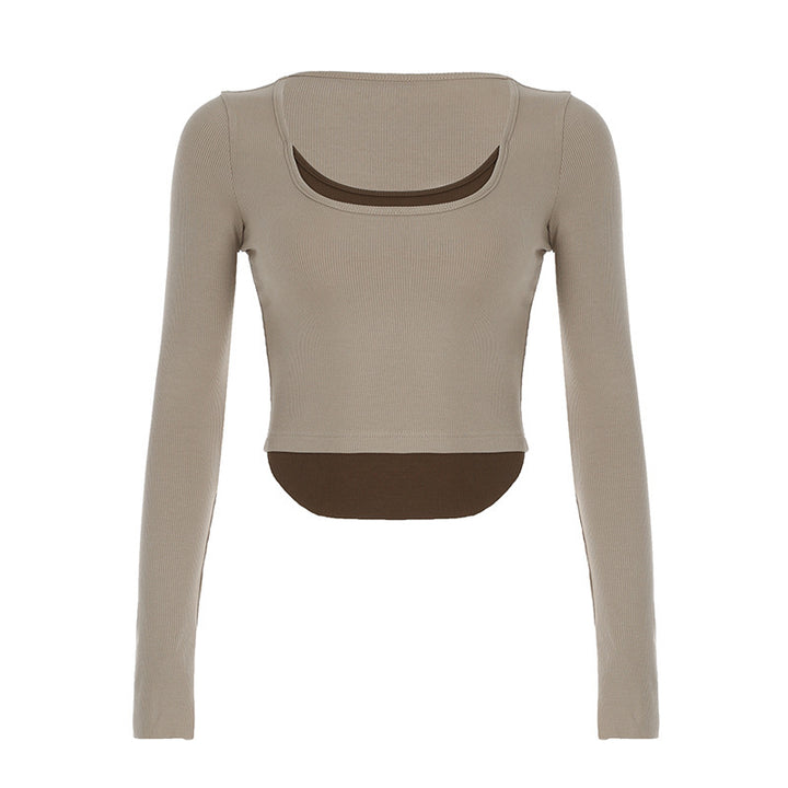 Damen Langarm Crop-Top mit doppeltem U-Boot-Ausschnitt und raffiniertem Design Drune
