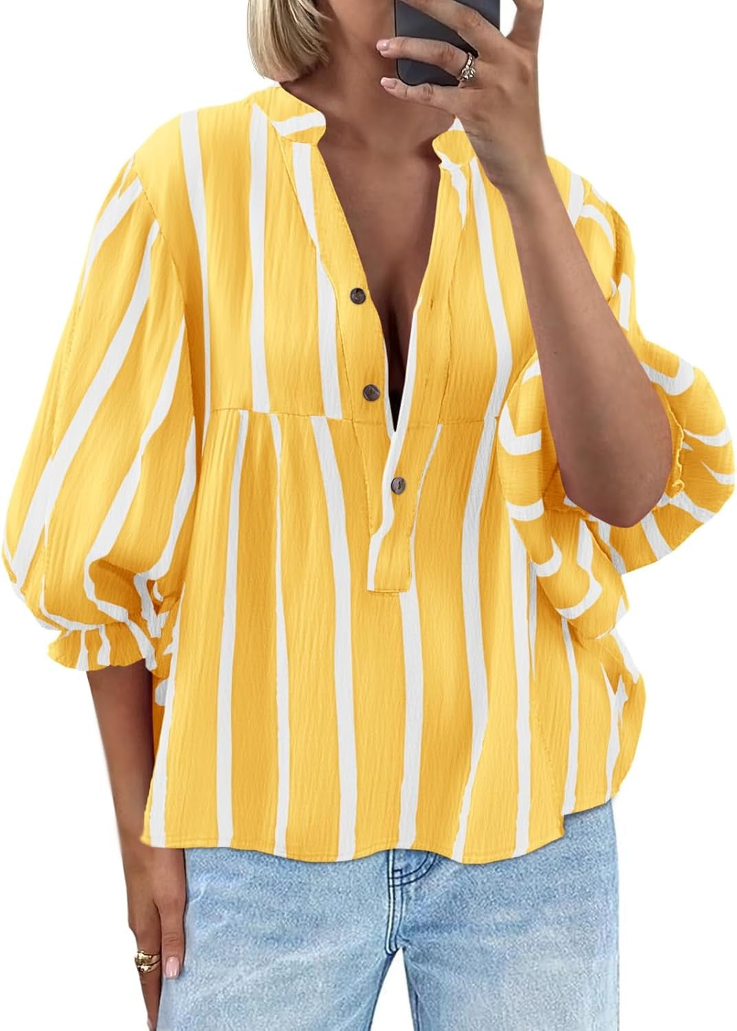 Damen oversize Bluse mit Streifenmuster und Knopfleiste Drune