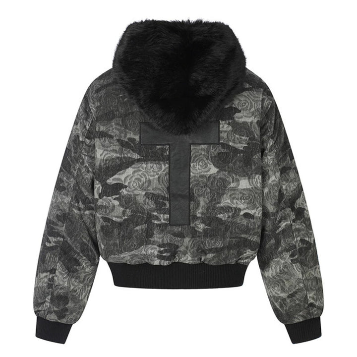 Damen wattierte Bomberjacke mit Kunstfellkapuze, Rosen‑Jacquard und Zipper‑Details Drune