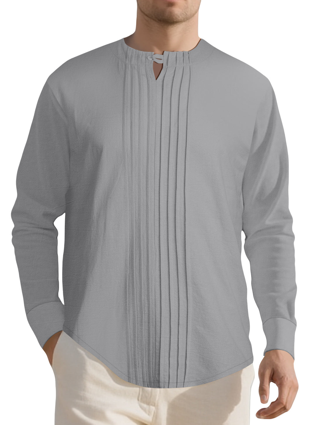 Herren Leichtes Langarmshirt im Leinenlook mit Stehkragen, Kellerfalten und Schlaufenverschluss Drune