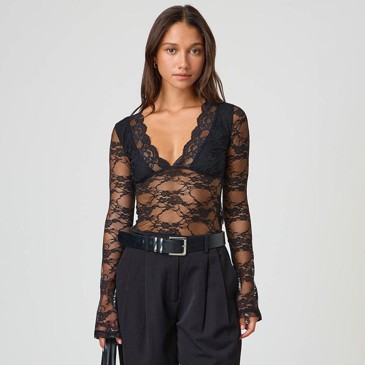 Damen Durchsichtiges Spitzenlangarmbodysuit Drune