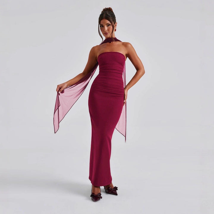 Damen figurbetontes Abendkleid mit Schulterband und langen Handschuhen Drune