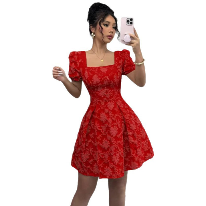 Damen Minikleid mit strukturiertem Blumendesign und Puffärmeln Drune